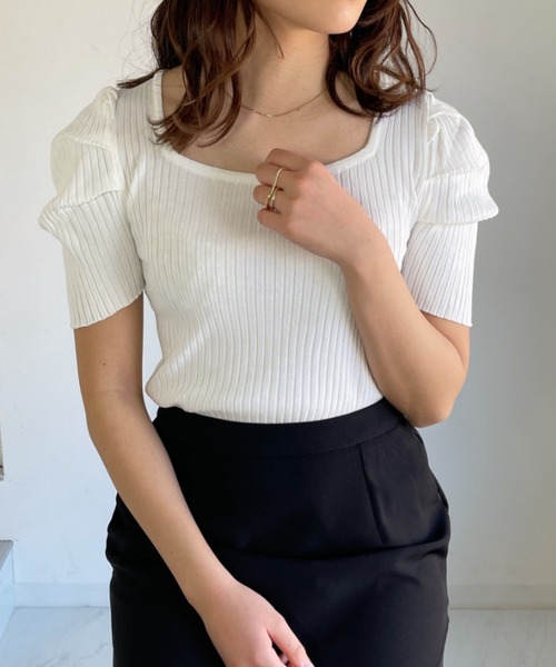 CLEA（クレア）の「スクエアネックパフスリーブリブトップス（Tシャツ/カットソー・レディース・ホワイト/ブラック/イエロー・FREE）」の10枚目の写真