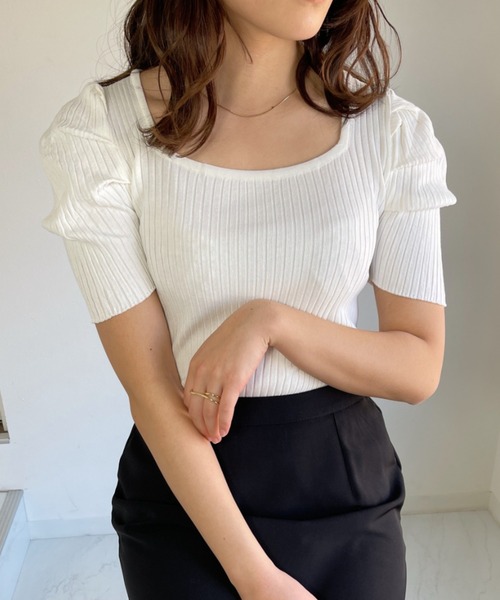CLEA（クレア）の「スクエアネックパフスリーブリブトップス（Tシャツ/カットソー・レディース・ホワイト/ブラック/イエロー・FREE）」の11枚目の写真
