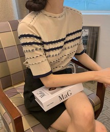 Leja | 【LEJA】半袖配色ボーダー柄パイピングニットトップス(ニット/セーター)