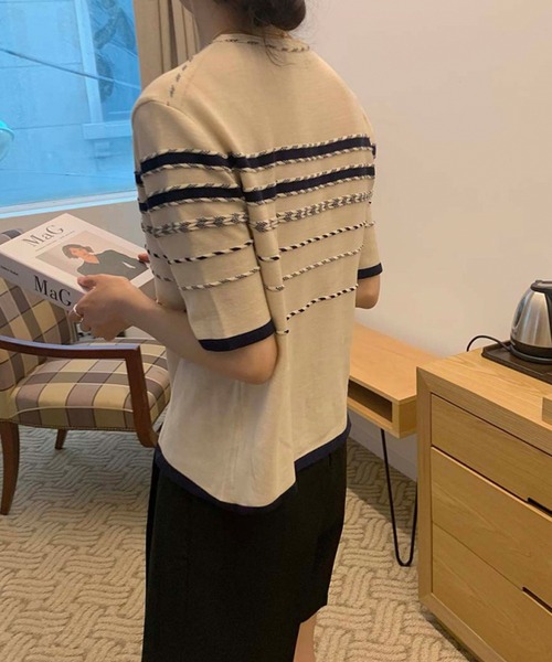 Leja（レジャ）の「【LEJA】半袖配色ボーダー柄パイピングニットトップス（ニット/セーター・レディース・ベージュ/インディゴブルー・FREE）」の7枚目の写真