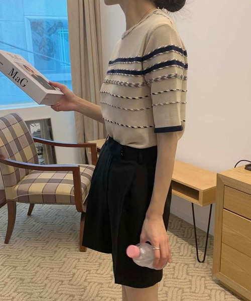 Leja（レジャ）の「【LEJA】半袖配色ボーダー柄パイピングニットトップス（ニット/セーター・レディース・ベージュ/インディゴブルー・FREE）」の8枚目の写真