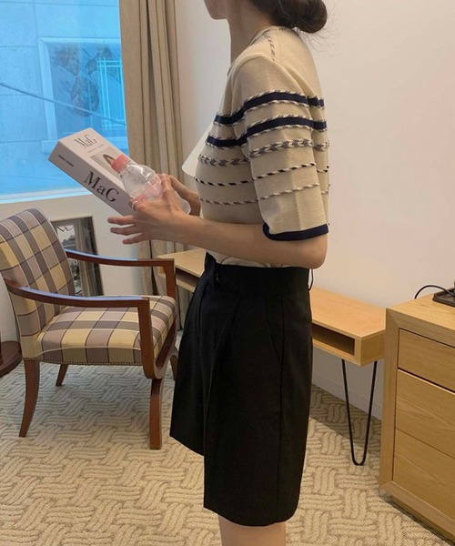 Leja（レジャ）の「【LEJA】半袖配色ボーダー柄パイピングニットトップス（ニット/セーター・レディース・ベージュ/インディゴブルー・FREE）」の9枚目の写真