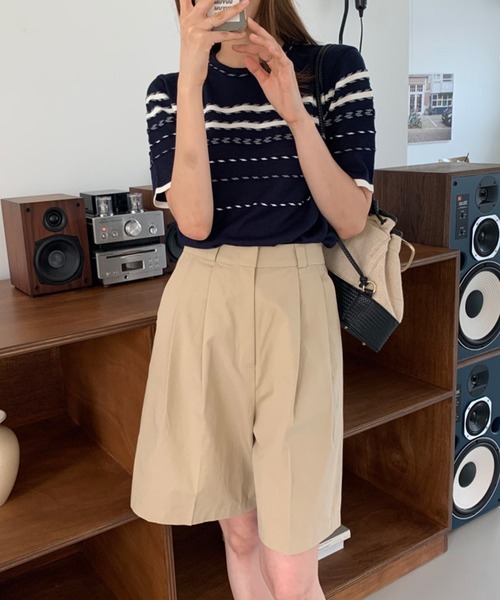 Leja（レジャ）の「【LEJA】半袖配色ボーダー柄パイピングニットトップス（ニット/セーター・レディース・ベージュ/インディゴブルー・FREE）」の11枚目の写真