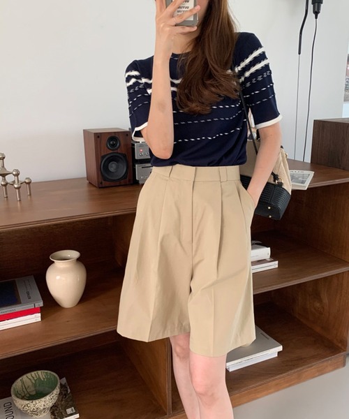 Leja（レジャ）の「【LEJA】半袖配色ボーダー柄パイピングニットトップス（ニット/セーター・レディース・ベージュ/インディゴブルー・FREE）」の12枚目の写真