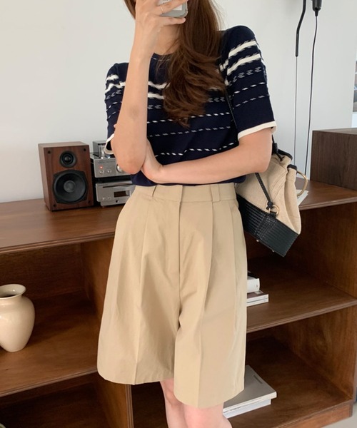 Leja（レジャ）の「【LEJA】半袖配色ボーダー柄パイピングニットトップス（ニット/セーター・レディース・ベージュ/インディゴブルー・FREE）」の14枚目の写真