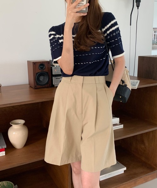 Leja（レジャ）の「【LEJA】半袖配色ボーダー柄パイピングニットトップス（ニット/セーター・レディース・ベージュ/インディゴブルー・FREE）」の15枚目の写真