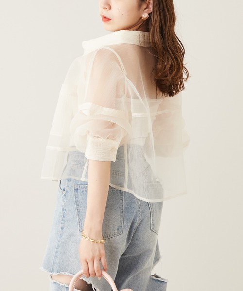 Chico（チコ）の「袖取り外しショート丈シアーブロッキングシャツ（シャツ/ブラウス・レディース・ホワイト/ブラック/ピンク/ミント/ベージュ・FREE）」の8枚目の写真