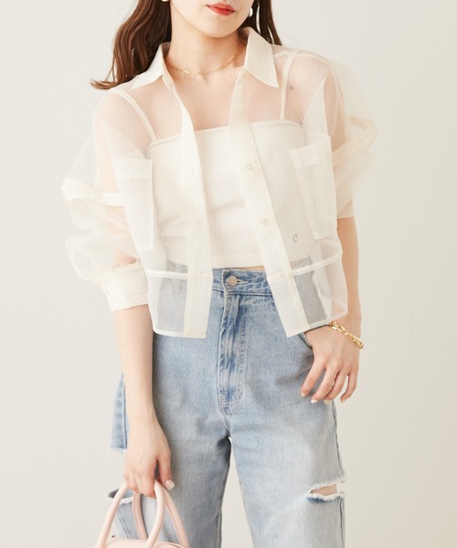 Chico（チコ）の「袖取り外しショート丈シアーブロッキングシャツ（シャツ/ブラウス・レディース・ホワイト/ブラック/ピンク/ミント/ベージュ・FREE）」の6枚目の写真