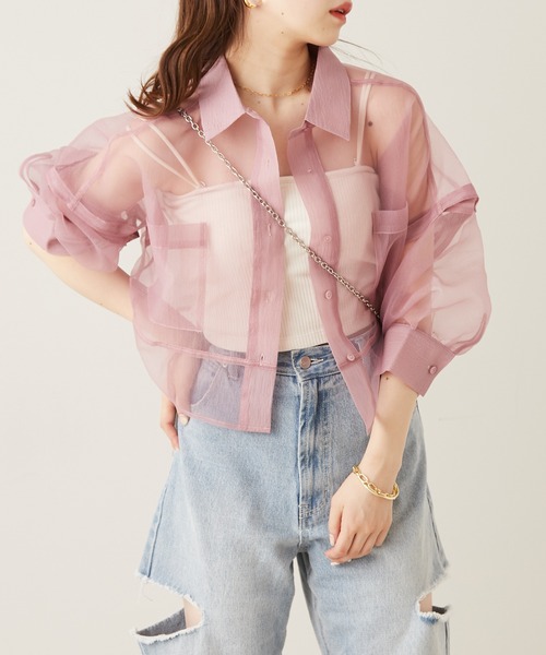 Chico（チコ）の「袖取り外しショート丈シアーブロッキングシャツ（シャツ/ブラウス・レディース・ホワイト/ブラック/ピンク/ミント/ベージュ・FREE）」の16枚目の写真