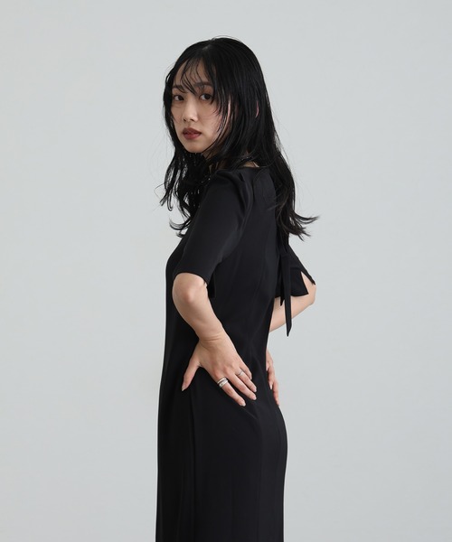 セール】結婚式 パーティードレス シンプルタイト袖あり&ミモレ丈