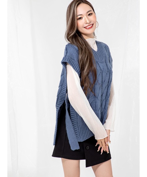 DURAS（デュラス）の「サイドベルト付きニットベスト（ベスト・レディース・グレイッシュベージュ/ライトパープル/ブルー・FREE）」の3枚目の写真