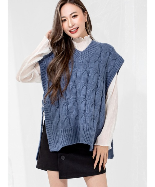 DURAS（デュラス）の「サイドベルト付きニットベスト（ベスト・レディース・グレイッシュベージュ/ライトパープル/ブルー・FREE）」の14枚目の写真