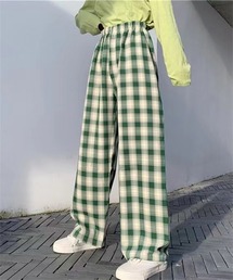 チェック柄ウエストゴムワイドパンツ