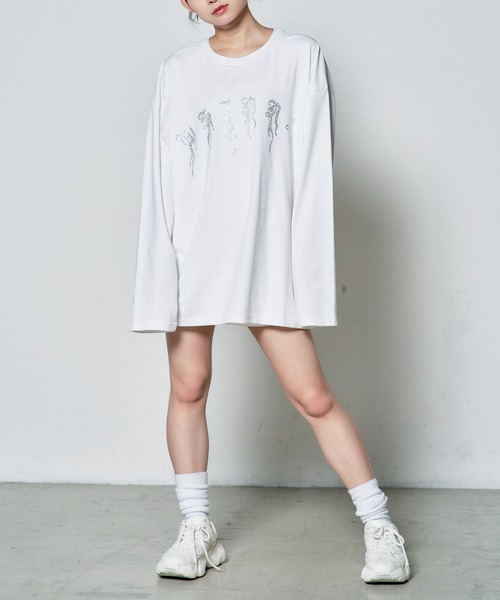 Whinny（ホワイニー）の「Whinny/ギラギララメラメティー（Tシャツ/カットソー・レディース・ホワイト/ブラック・FREE）」の4枚目の写真