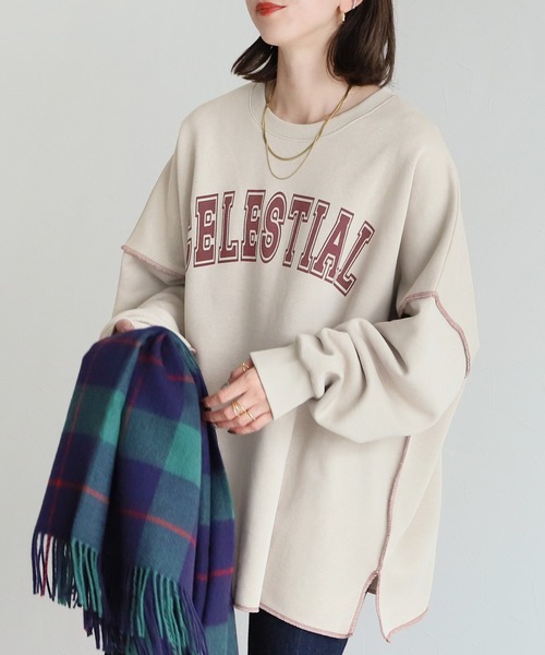 reca（レカ）の「ビッグシルエット裏起毛ロゴプリントスウェット（スウェット・レディース・チャコールグレー/ベージュ/パープル/オートミール・FREE）」の2枚目の写真