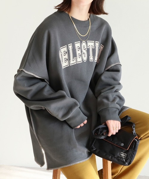 reca（レカ）の「ビッグシルエット裏起毛ロゴプリントスウェット（スウェット・レディース・チャコールグレー/ベージュ/パープル/オートミール・FREE）」の6枚目の写真