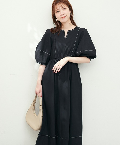 natural couture(ナチュラルクチュール)の「お家で洗える/ランタンスリーブワンピース(ワンピース・レディース・インディゴブルー/ブラック/オフホワイト・SMALL/MEDIUM/LARGE)」の6枚目の写真