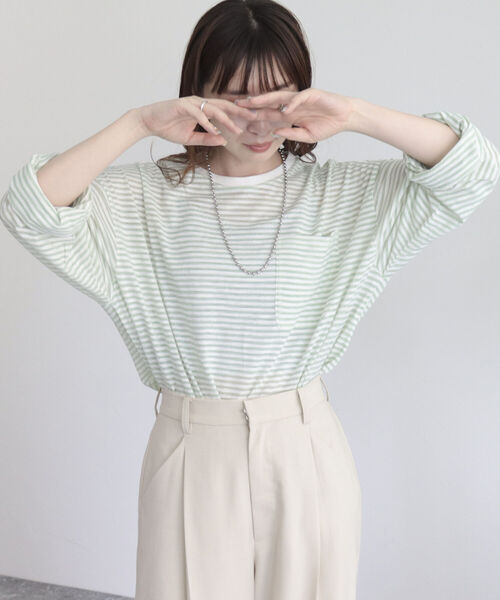 fredy emue（フレディエミュ）の「シアーボーダーロンT（Tシャツ/カットソー・レディース・グリーン系その他/ブルー系その他2/ピンク系その他/ブルー系その他/ホワイト系その他/グリーン系その他4/ピンク系その他4/ベージュ系その他/パープル系その他・38）」の16枚目の写真