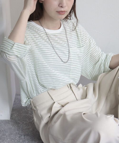 fredy emue（フレディエミュ）の「シアーボーダーロンT（Tシャツ/カットソー・レディース・グリーン系その他/ブルー系その他2/ピンク系その他/ブルー系その他/ホワイト系その他/グリーン系その他4/ピンク系その他4/ベージュ系その他/パープル系その他・38）」の17枚目の写真