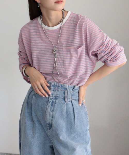 fredy emue（フレディエミュ）の「シアーボーダーロンT（Tシャツ/カットソー・レディース・グリーン系その他/ブルー系その他2/ピンク系その他/ブルー系その他/ホワイト系その他/グリーン系その他4/ピンク系その他4/ベージュ系その他/パープル系その他・38）」の9枚目の写真