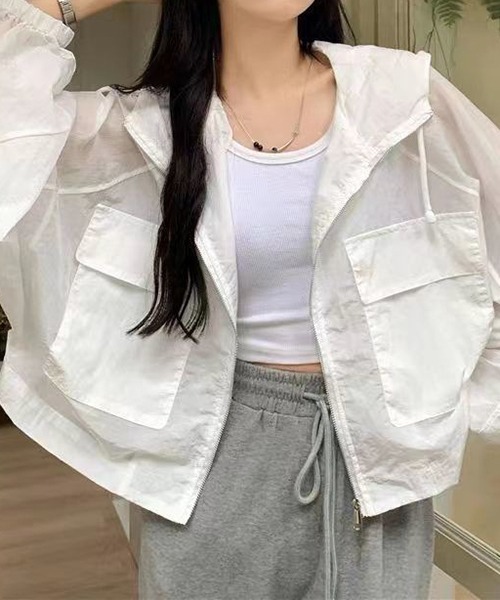 gossip!ロサンゼルス(ゴシップロサンゼルス)の「YUGA 日焼け止めUV ショートコート(パーカー・レディース・グレー/ホワイト・FREE)」の2枚目の写真