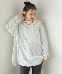 【forksy.】小花柄ワッフルメロー配色オーバーサイズロンT / 抗菌防臭