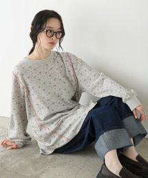 【forksy.】小花柄ワッフルメロー配色オーバーサイズロンT / 抗菌防臭