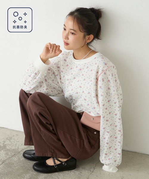 【値下げしました】deco depuis 1985 カットソー ワッフル 花柄 forksy.】小花柄ワッフルメロー配色オーバーサイズロンT / 抗菌防臭