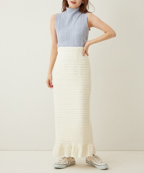 ME COUTURE（ミークチュール）の「ストレッチフリルレーススカート（スカート・レディース・アイボリー/ライトグリーン/ブラック・0/1）」の2枚目の写真