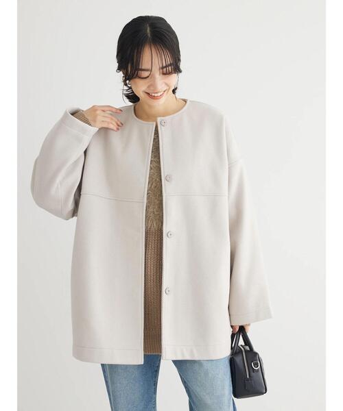 SEE BY CHLOE ノーカラーショートコート ベージュ フリンジ加工 ベージュノーカラーショートコート SEE BY CHLOE ノーカラーショート