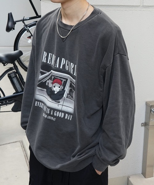 Red Cap Girl（レッドキャプガール）の「【RED CAP GIRL】ビッグシルエット ピグメント加工 フロントイラストプリント プルオーバースウェット（スウェット・メンズ・グレー系その他/チャコールグレー・L/M）」の6枚目の写真