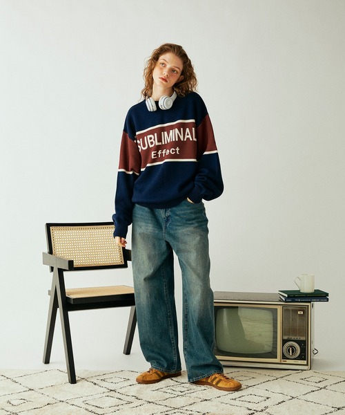 Adoon plain(アドーンプレーン)の「ジャガードバイカラーロゴニット(ニット/セーター・メンズ・ネイビー/ライトグレー・LARGE/MEDIUM)」の9枚目の写真