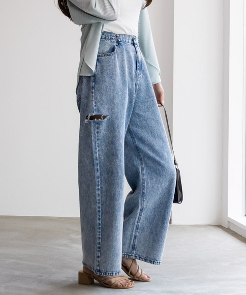 Mac-House（マックハウス）の「GOOD CREW グッドクルー サイドカットウエストホックデニム 綿100%（デニムパンツ・レディース・ブルー系その他/サックスブルー・S/M/L）」の2枚目の写真