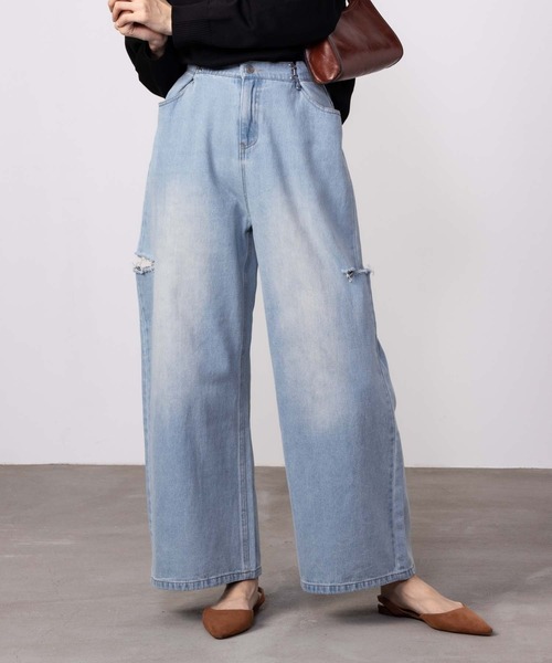 Mac-House（マックハウス）の「GOOD CREW グッドクルー サイドカットウエストホックデニム 綿100%（デニムパンツ・レディース・ブルー系その他/サックスブルー・S/M/L）」の3枚目の写真