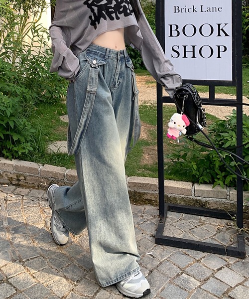 meJane(ミージェーン)の「2Way サス付きハイウエストワイドデニムパンツ(サロペット/オーバーオール・レディース・ブルー・M/L)」の1枚目の写真