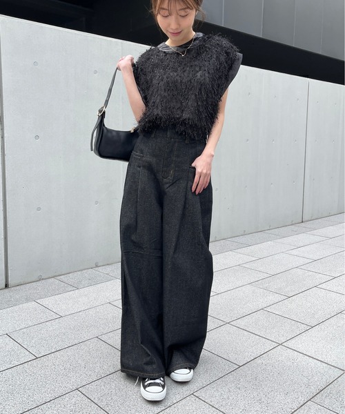 Meli rich（メリーリッチ）の「リジットデニムサイドポケットタックパンツ（デニムパンツ・レディース・ブラック/インディゴブルー・FREE）」の19枚目の写真