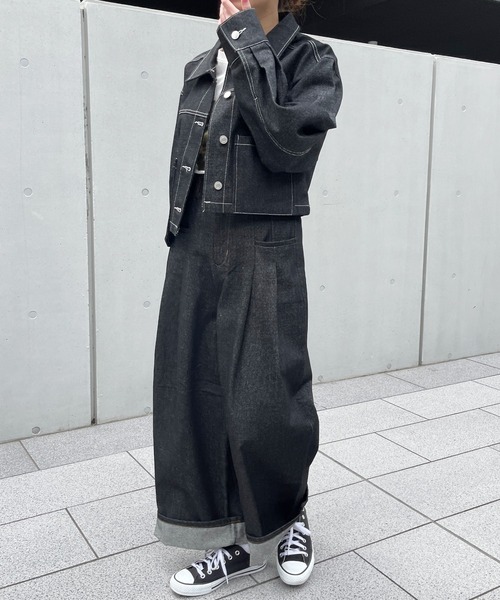 Meli rich（メリーリッチ）の「リジットデニムサイドポケットタックパンツ（デニムパンツ・レディース・ブラック/インディゴブルー・FREE）」の12枚目の写真