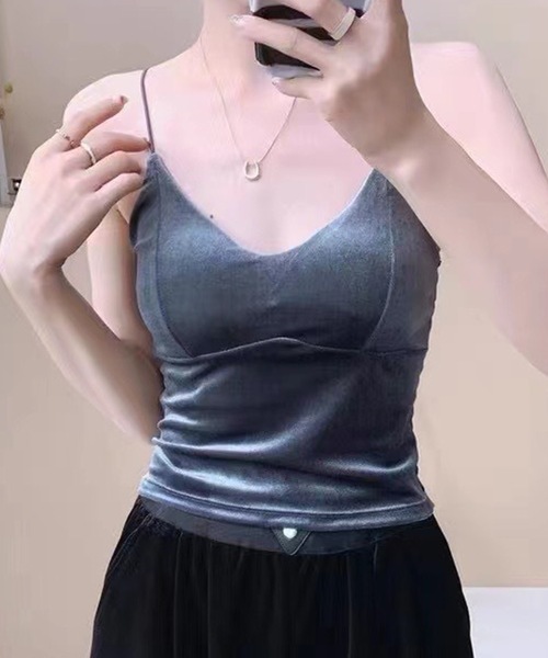 Lace Ladies(レースレディース)の「ベロア調 Vネック カップイン コンパクト キャミソール(キャミソール・レディース・アイボリー/ブラック/ブラウン/ネイビー・FREE)」の4枚目の写真