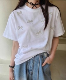 韓国ガーリー風パールリボン刺繍Tシャツ
