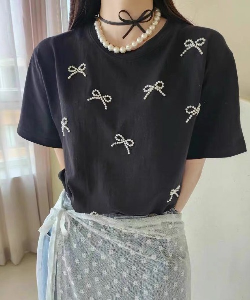 セール】綿100 パールリボントップス（Tシャツ/カットソー