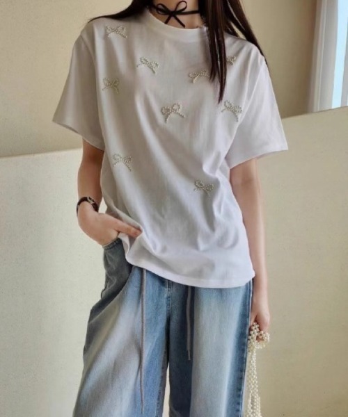 DIAVEL(ディアベル)の「韓国ガーリー風パールリボン刺繍Tシャツ(Tシャツ/カットソー・レディース・グレー/ブラック/ホワイト・M)」の9枚目の写真