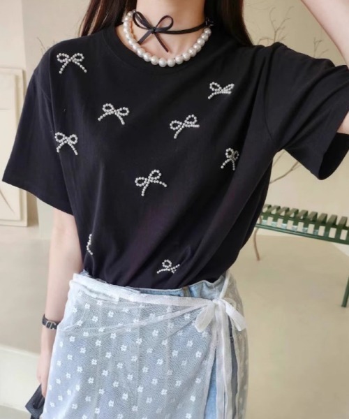 DIAVEL(ディアベル)の「韓国ガーリー風パールリボン刺繍Tシャツ(Tシャツ/カットソー・レディース・グレー/ブラック/ホワイト・M)」の10枚目の写真