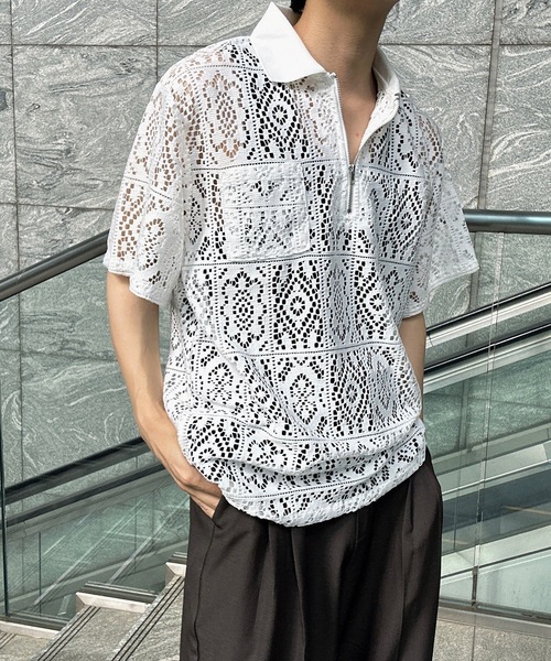 MandO(エムオー)(エムオー)の「【MandO】レースパッチワークハーフジップシアーポロシャツ(ポロシャツ・メンズ・オフホワイト/ブラック・LARGE/MEDIUM)」の2枚目の写真