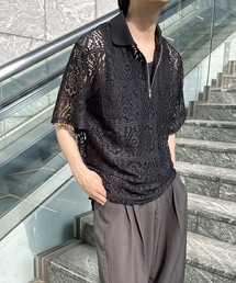 【MandO】レースパッチワークハーフジップシアーポロシャツ