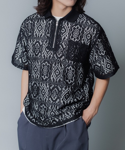 MandO(エムオー)(エムオー)の「【MandO】レースパッチワークハーフジップシアーポロシャツ(ポロシャツ・メンズ・オフホワイト/ブラック・LARGE/MEDIUM)」の10枚目の写真
