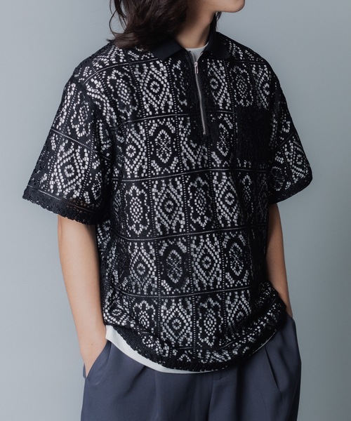 MandO(エムオー)(エムオー)の「【MandO】レースパッチワークハーフジップシアーポロシャツ(ポロシャツ・メンズ・オフホワイト/ブラック・LARGE/MEDIUM)」の9枚目の写真