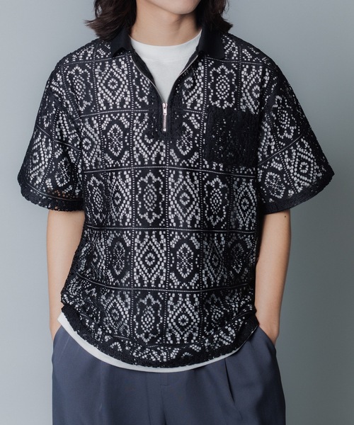 MandO(エムオー)(エムオー)の「【MandO】レースパッチワークハーフジップシアーポロシャツ(ポロシャツ・メンズ・オフホワイト/ブラック・LARGE/MEDIUM)」の11枚目の写真