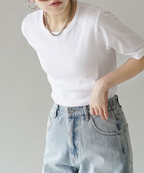 e-zakkamania stores(イーザッカマニアストアーズ)の「テレコリブ ハーフスリーブプルオーバー(Tシャツ/カットソー・レディース・オフホワイト/ホワイト×ブラック/ブラック・フリー)」の5枚目の写真