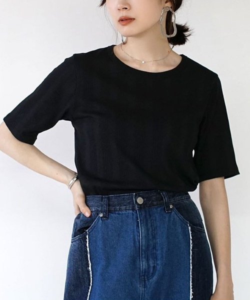 e-zakkamania stores(イーザッカマニアストアーズ)の「テレコリブ ハーフスリーブプルオーバー(Tシャツ/カットソー・レディース・オフホワイト/ホワイト×ブラック/ブラック・フリー)」の11枚目の写真