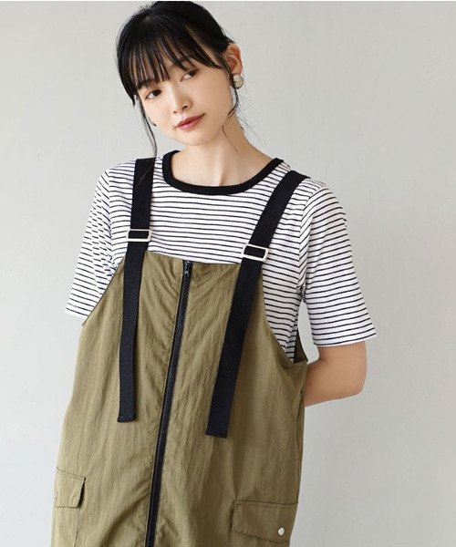 e-zakkamania stores(イーザッカマニアストアーズ)の「テレコリブ ハーフスリーブプルオーバー(Tシャツ/カットソー・レディース・オフホワイト/ホワイト×ブラック/ブラック・フリー)」の14枚目の写真